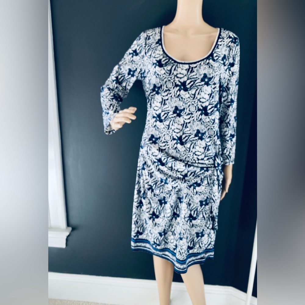 Max Studio Navy blue on White Long Sleeve Dress L